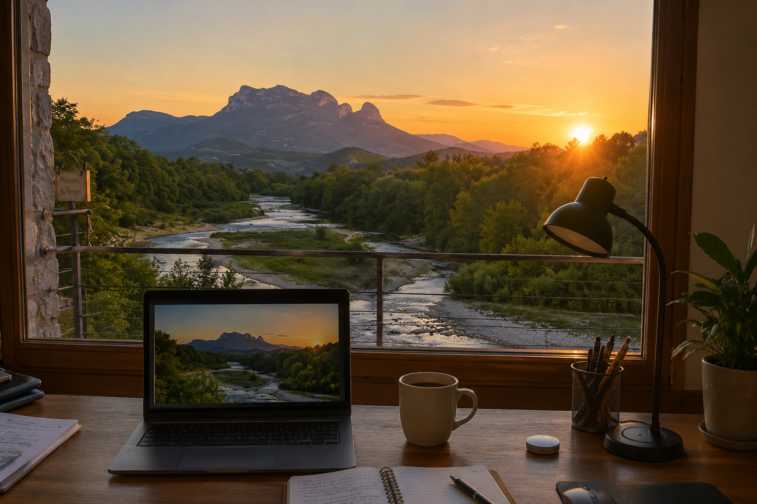 Bureau avec vue sur la Drôme-Ardèche au coucher du soleil