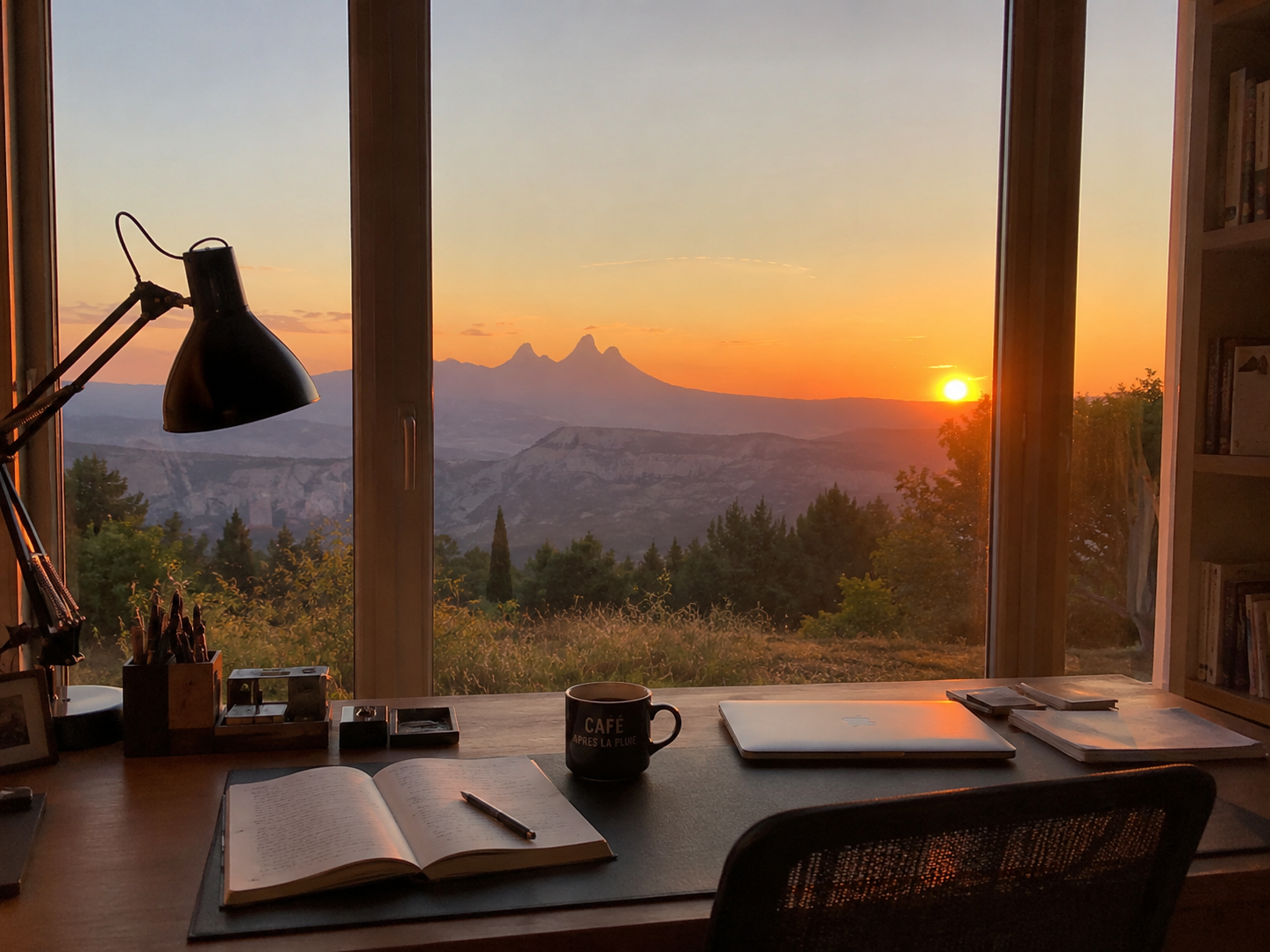 Bureau avec coucher de soleil